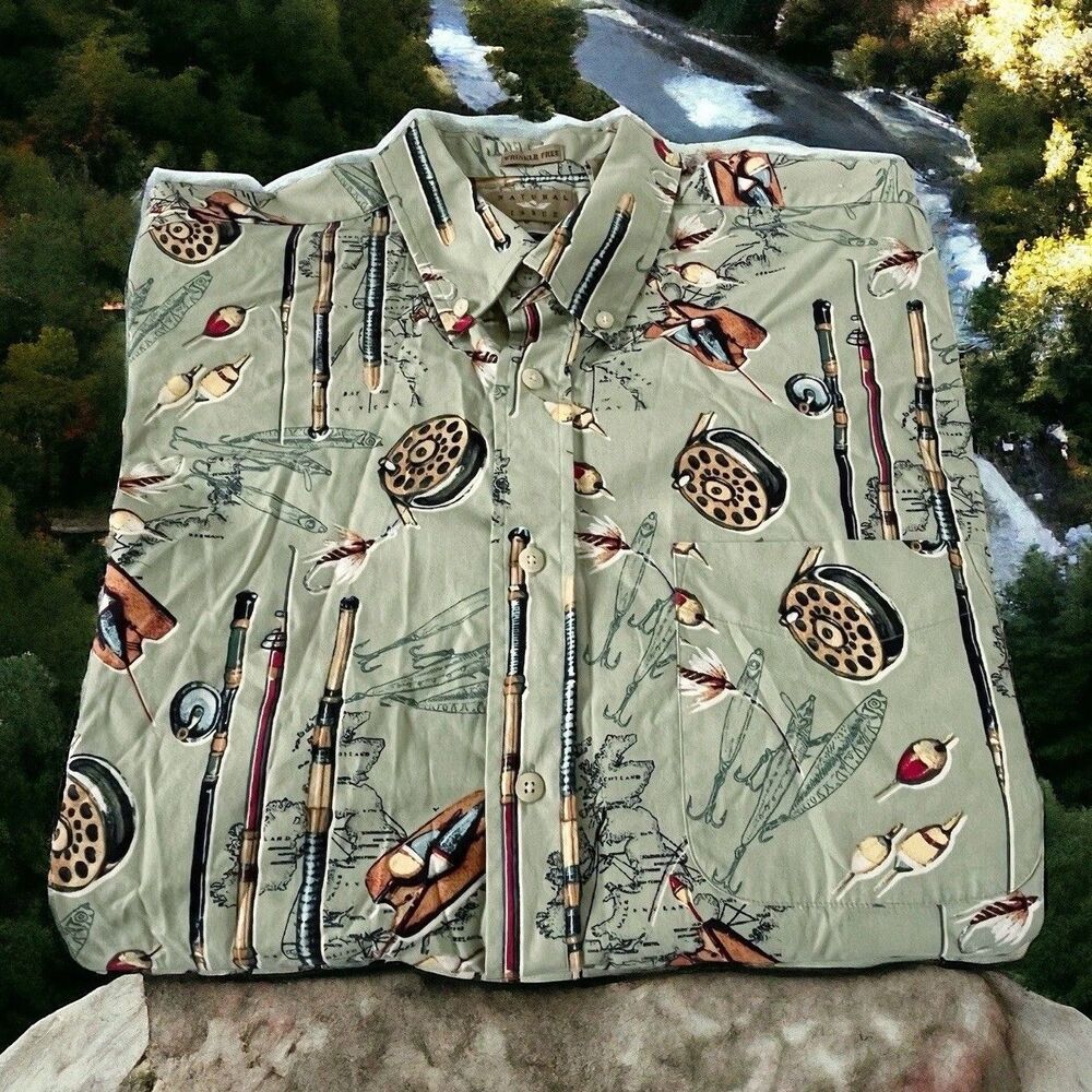 Natural Issue Fishing Fish Rod Reel Lure Button Front Shirt Size L Large Men's